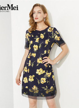 玫而美女装品牌专柜时尚印花修身显瘦减龄连衣裙中长款MCLR02800