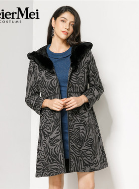 玫而美品牌专柜时尚复古优雅连帽毛呢大衣中长款冬外套MDDL69800