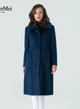 玫而美meiermei品牌女装气质羊毛羊绒长大衣秋冬长袖水貂毛领外套