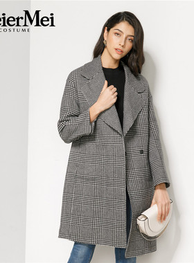 玫而美品牌时尚简洁端庄黑白格羊毛大衣中长款秋冬外套MDDS33000