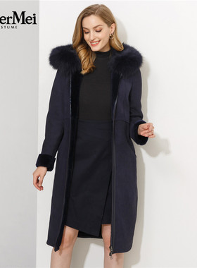 玫而美品牌狐狸毛领带帽中长款修身羊毛皮女皮毛一体MDER69800