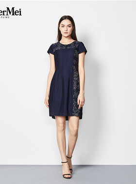 玫而美品牌专柜气质修身显瘦连衣裙女夏网纹蕾丝连身裙MXLQ13900