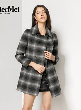 玫而美品牌专柜时尚格子修身双面毛呢外套秋冬羊毛大衣MDDO39520