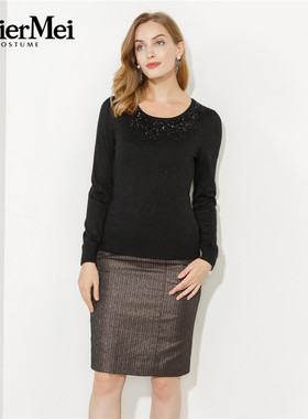 玫而美品牌专柜时尚收身显瘦钉珠针织打底内搭套头衫女MCZO89619