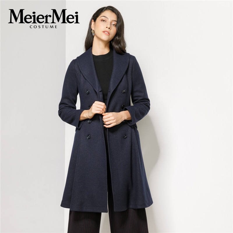 玫而美时尚气质修身深蓝秋冬大衣