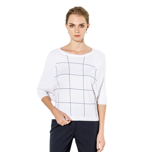 玫而美针织衫女短款七分袖圆领宽松格子纯色休闲套头春夏蝙蝠小衫