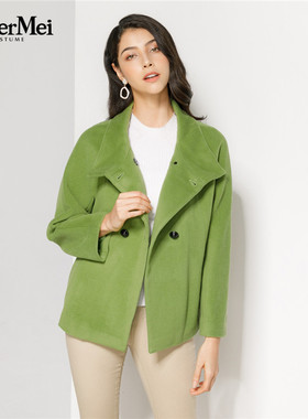 玫而美品牌专柜时尚绿色清新羊毛呢大衣女短款秋冬外套MDDM73120