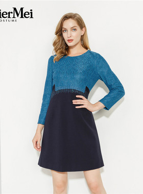 玫而美品牌专柜时尚文艺收腰A摆减龄假两件连身裙中长款MCLR53200