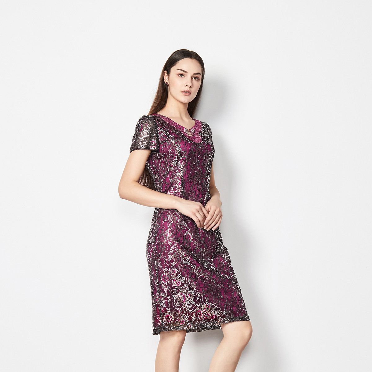 玫而美桑蚕丝连衣裙气质微弹修身亮片蕾丝高端真丝夏季短袖连身裙