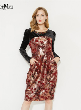 玫而美品牌专柜时尚赫本风修身印花连衣裙猪皮革中长裙MCEN75500