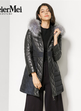 玫而美皮衣外套女真皮狐狸毛领中长显瘦羊皮连帽羽绒服MDEP56700