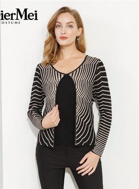 玫而美品牌专柜时尚优雅修身条纹针织开衫春秋长袖内搭MCZP90009