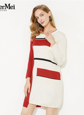 玫而美品牌专柜时尚几何撞色修身针织裙春秋长袖连身裙MCZS93126