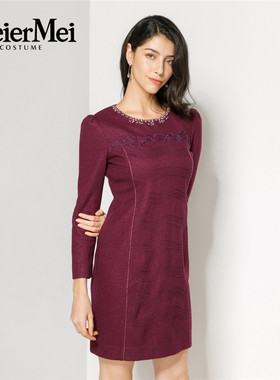 玫而美品牌时尚蕾丝气质紫色连衣裙女中长款羊毛连身裙MDLQ68200