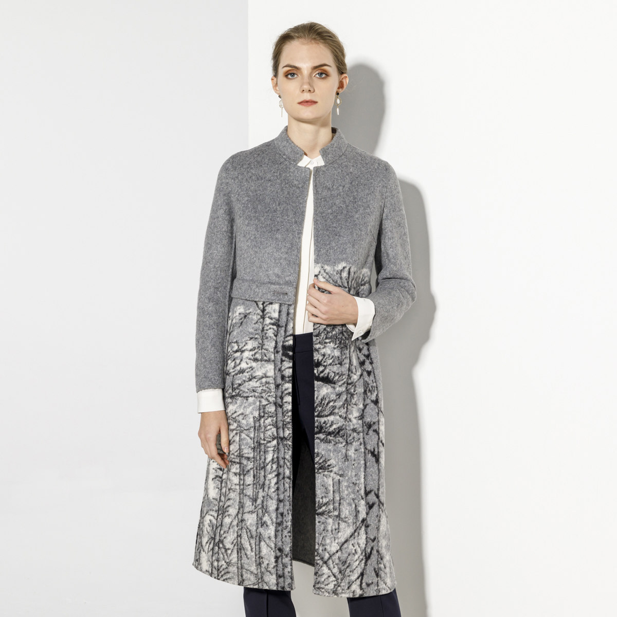 玫而美毛呢外套女中长款立领定位花过膝双面呢拼接羊秋冬毛大衣