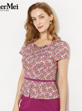 玫而美品牌专柜时尚气质粉花连身裙女中长款短袖连衣裙MXLQ18000