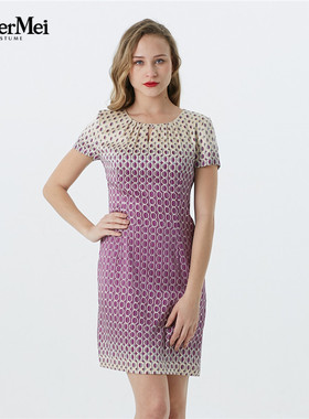 玫而美品牌专柜时尚桑蚕丝玫红圈连衣裙女中长款真丝裙MXLQ18800