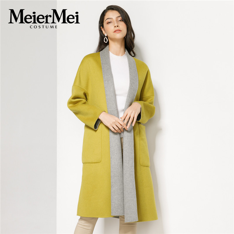玫而美简洁端庄双色黄绿羊毛大衣