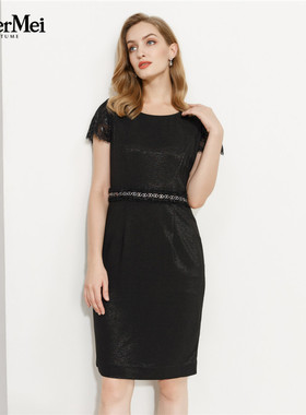 玫而美品牌专柜时尚蕾丝拼接简约职业连身裙中长款女裙MCLP29600