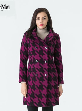 玫而美meiermei品牌专柜时尚修身秋冬千鸟格大衣中长款长袖外套女