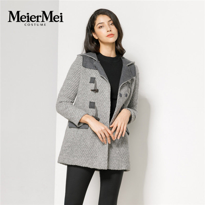 玫而美品牌专柜时尚宽松拼接毛呢外套秋冬大衣女中长款MDDO42700