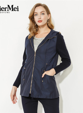 玫而美品牌专柜时尚气质修身针织袖连帽风衣女春秋外套MCJR55600