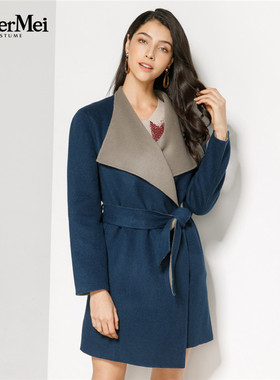 玫而美品牌专柜时尚撞色双面宽松呢大衣女短款秋冬外套MDDO38900