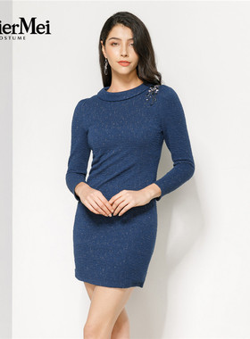 玫而美品牌时尚气质淑女修身显瘦兰灰色连身裙女中长款MDLN73500