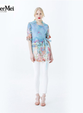 玫而美品牌专柜春秋女装时尚气质翻领网纱印花风衣外套MCFQ06800