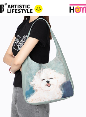 弘娜×伊米YIMI 插画合作款 原创油画小狗休闲大容量加侧单肩包女