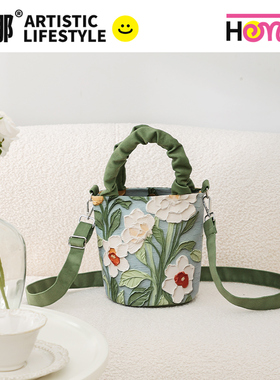 弘娜×色彩探险家 油画花卉斜挎手拎水桶包斜挎包帆布包女款包包