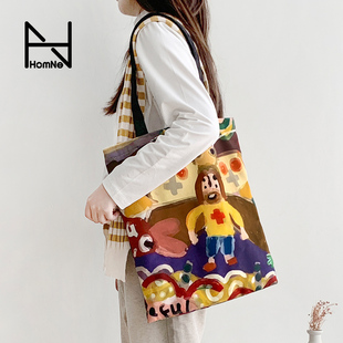 弘娜×艺术家CiCi 帆布包女单肩拉链白领通勤小众环保袋hh 合作款