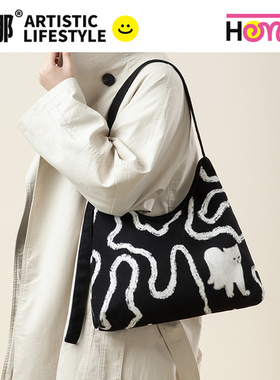 弘娜×可乐不加冰 合作款 涂鸦猫咪百搭大容量包包单肩包帆布包女