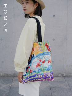 环保帆布袋购物包女单肩拉链大容量背包 弘娜×艺术家CiCi 合作款