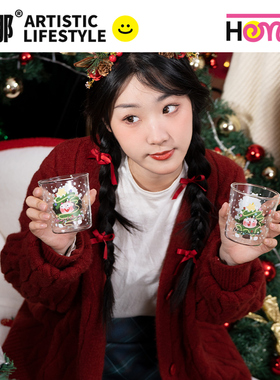 弘娜×仟精灵插画合作款创意ins立体圣诞树造型高颜值水杯玻璃杯