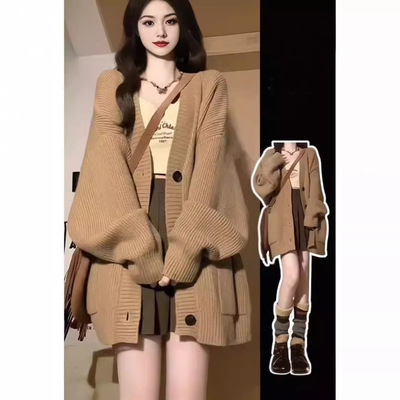 软糯慵懒秋冬新款宽松外套韩系穿搭上衣针织毛衣女慵懒风开衫