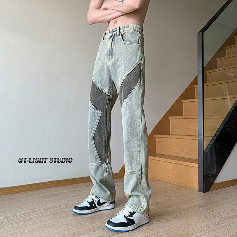 高街拼接泥黄色牛仔裤子设计感复古vibe风炸街直筒长裤江浙沪穿搭