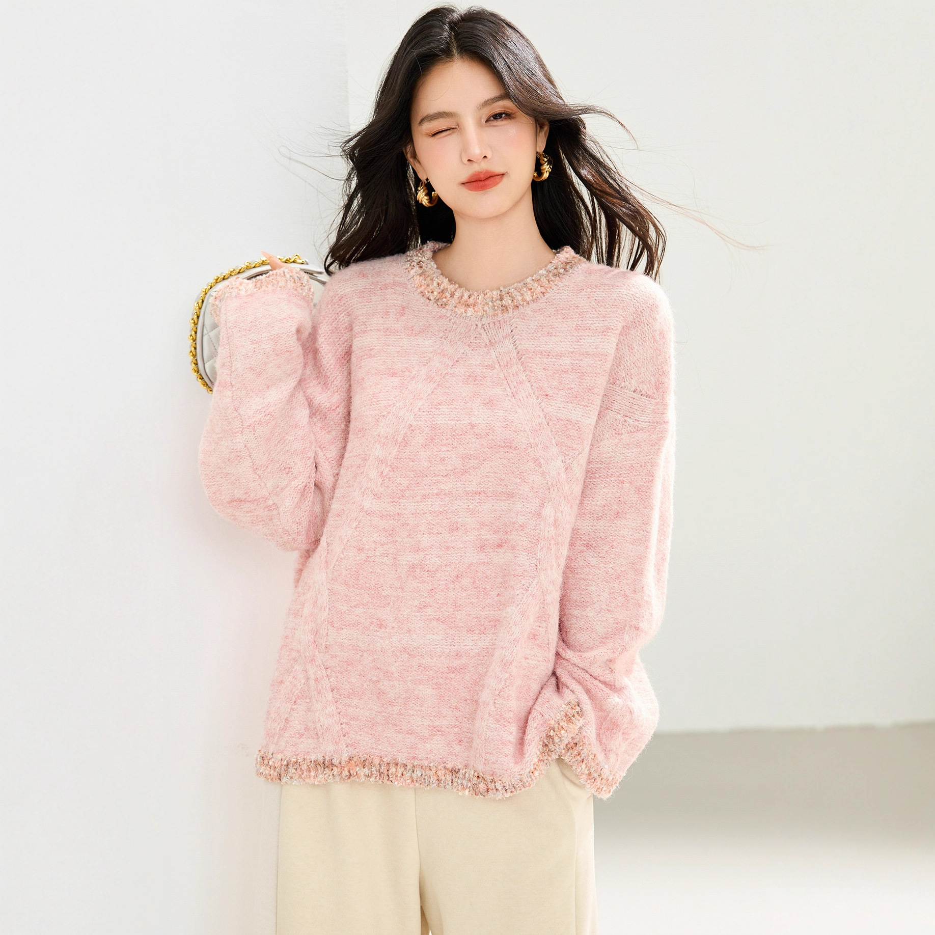 花色编制毛针织衫气质百搭女秋冬慵懒软糯圆领上衣宽松分浅粉毛衣