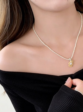 可爱卡通植绒珍珠小熊宝石项链粉色方锆满圈小米珠锁骨链高品质感