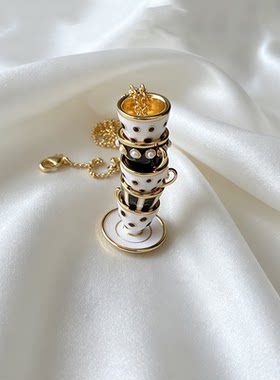 黑白珐琅釉茶壶茶杯项链耳钉套装
