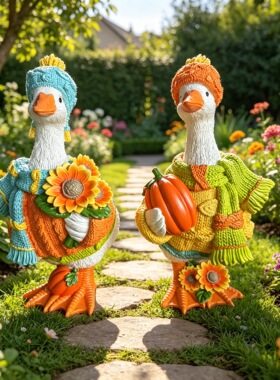 跨境新品Autumn Pumpkin Duck Ornament万圣节南瓜鸭子树脂摆件