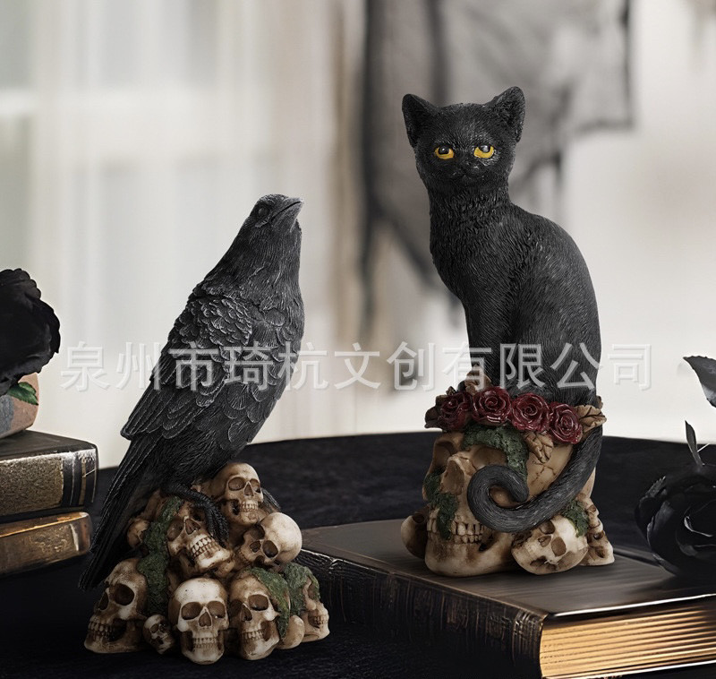 跨境新款神秘暗黑风骷髅动物猫与乌鸦雕像摆件树脂工艺品家居装饰