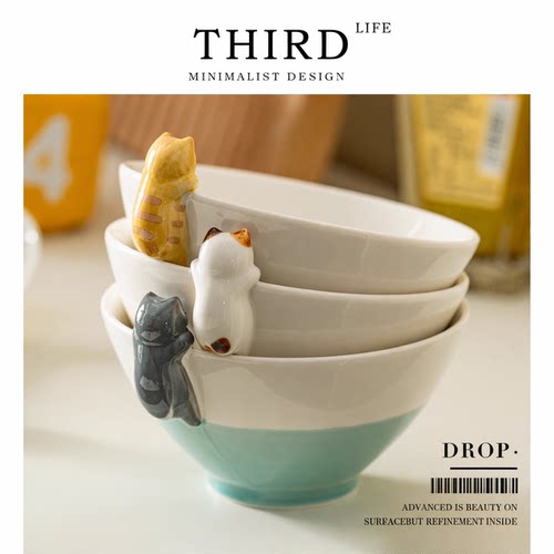 Life's·Drop·儿童专用家用陶瓷餐具饭碗卡通碗勺套装可爱| 趴趴
