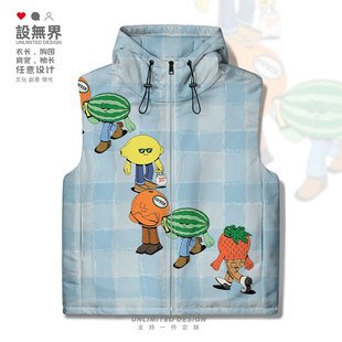 逛街水果美式复古涂鸦水彩方格子加厚马甲男女印花外套冬设 无界