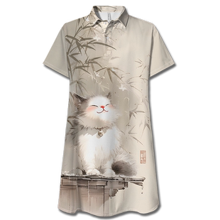 古风淡雅竹影悠闲吹风猫咪可爱趣味POLO领连衣裙裙子0015设 无界