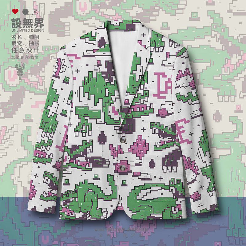 马赛克像素风手绘鳄鱼抽象艺术痞帅西装外套男女西服0018设 无界