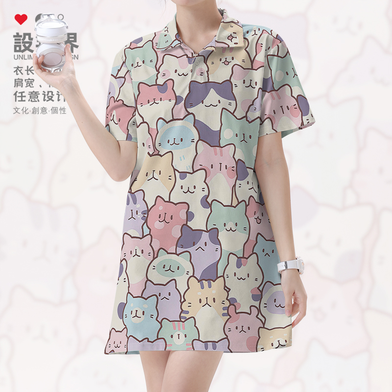 日系港风手绘萌宠小奶POLO领短裙