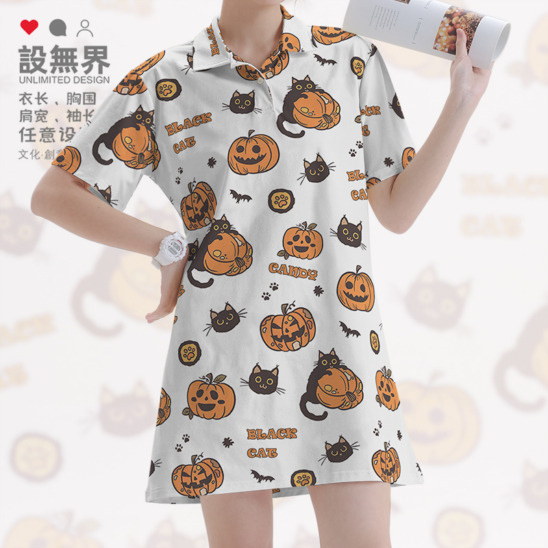 卡通狂欢万圣节黑猫猫POLO领短裙