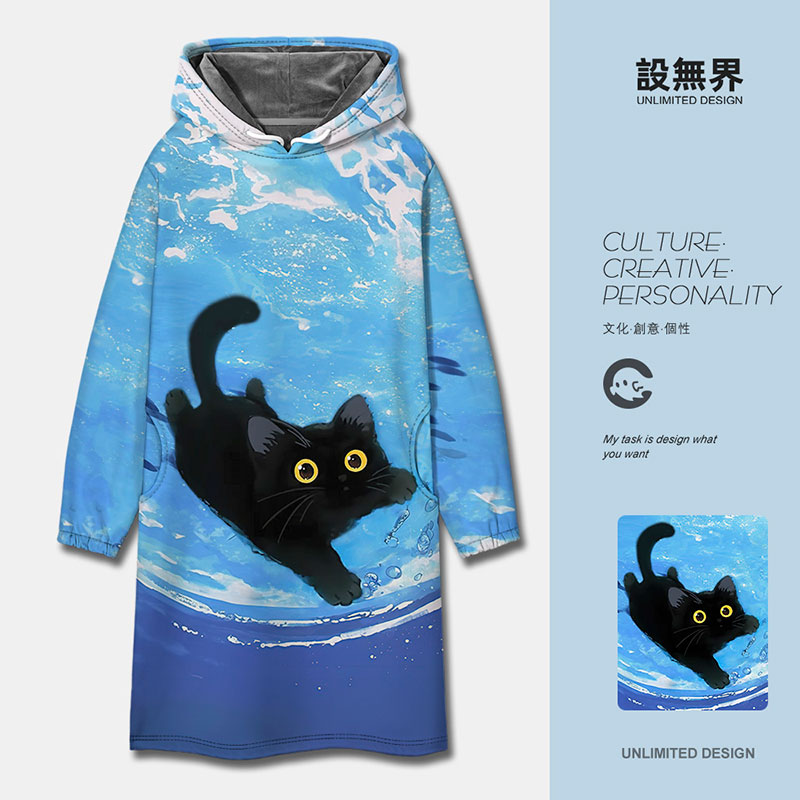 海底潜水黑猫猫咪游泳元气卫衣裙