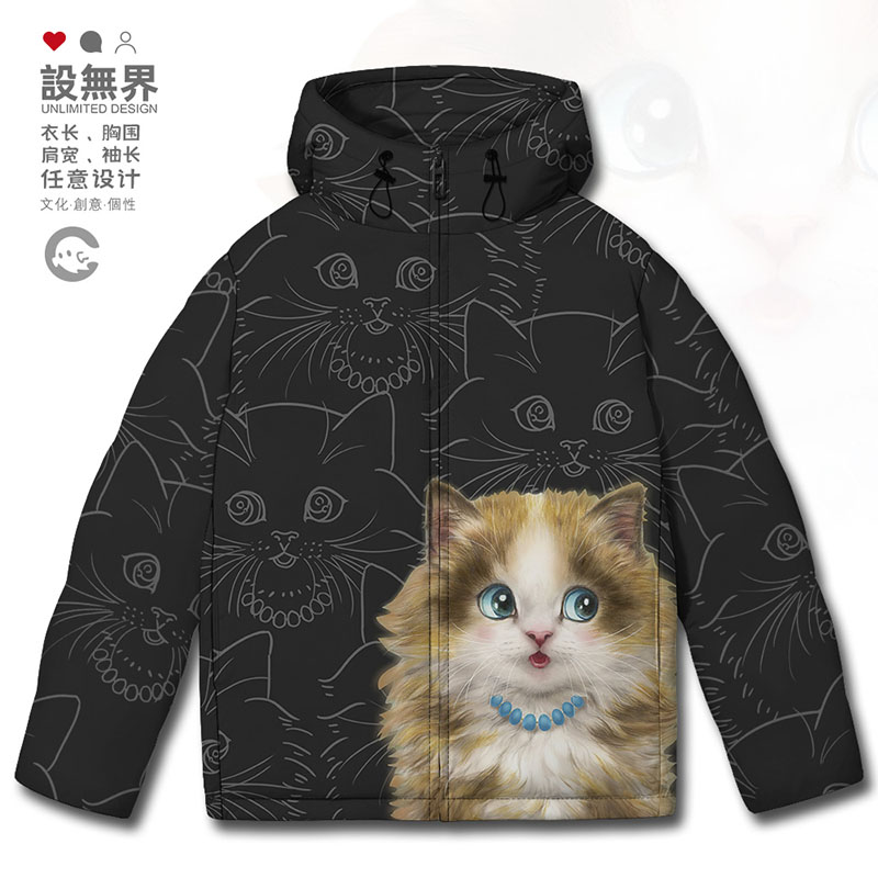 可爱卡通猫咪长毛金渐层蓝羽绒服